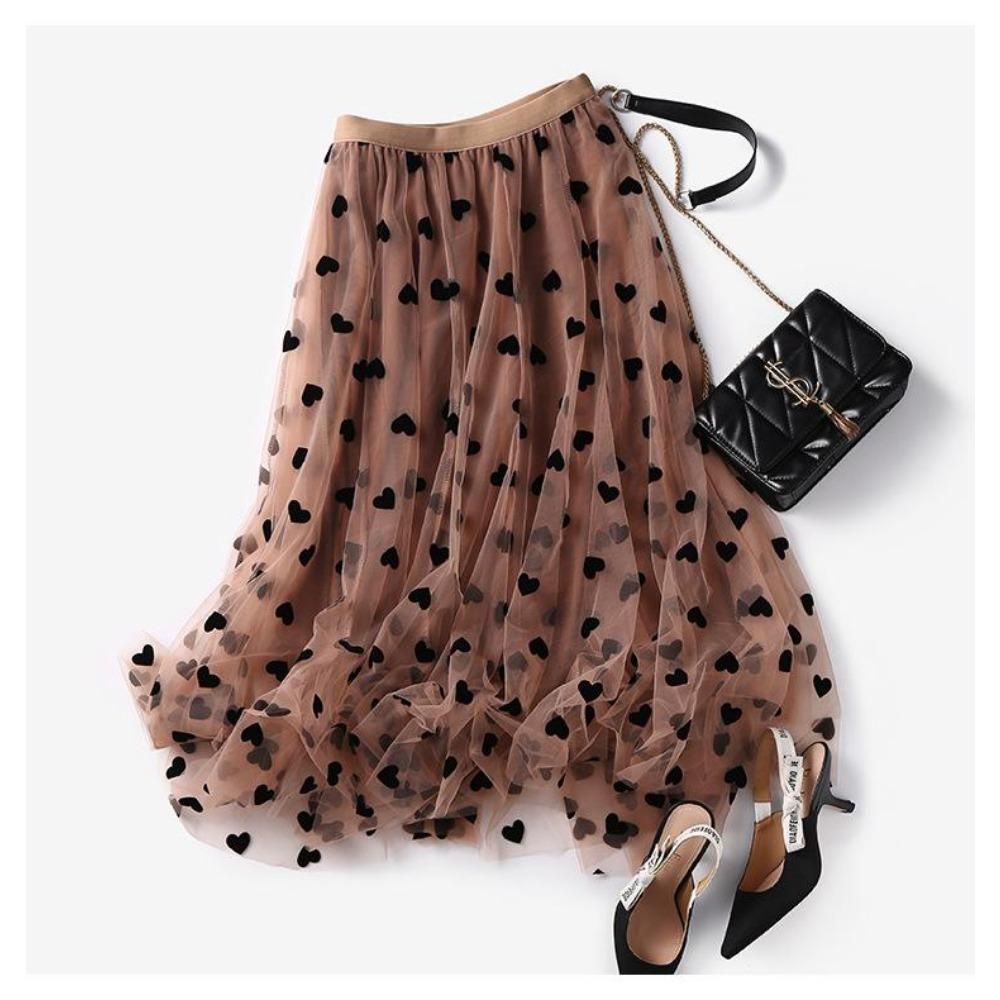 Ew A-line large swing skirt, flocked love polka dot half skirt, spring and autumn women's mid length slimming gauze skirt, summer mesh skirt_ecoleips.com