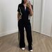 Women's Commuter Casual Two Piece Set Zippered Short Sleeve Top Elastic Waist Straight Leg Pants With Pocket_ecoleips.com