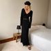 Cross-Border Solid Color Sleeve For Women, European American Style, 2025 Autumn And Winter New Elegant V-Neck Slim Fit_ecoleips.com