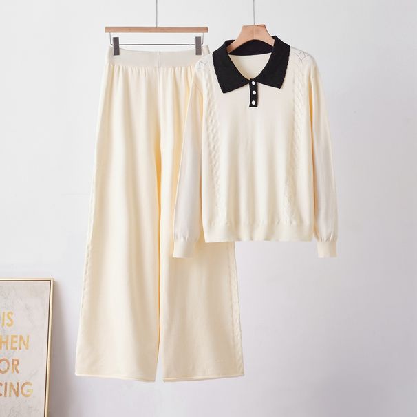 Women's Knitted Polo Collar Sweater And Loose Casual Pants Thick Two Piece Set European American Fashion Cross Border Woolen Suit_ecoleips.com