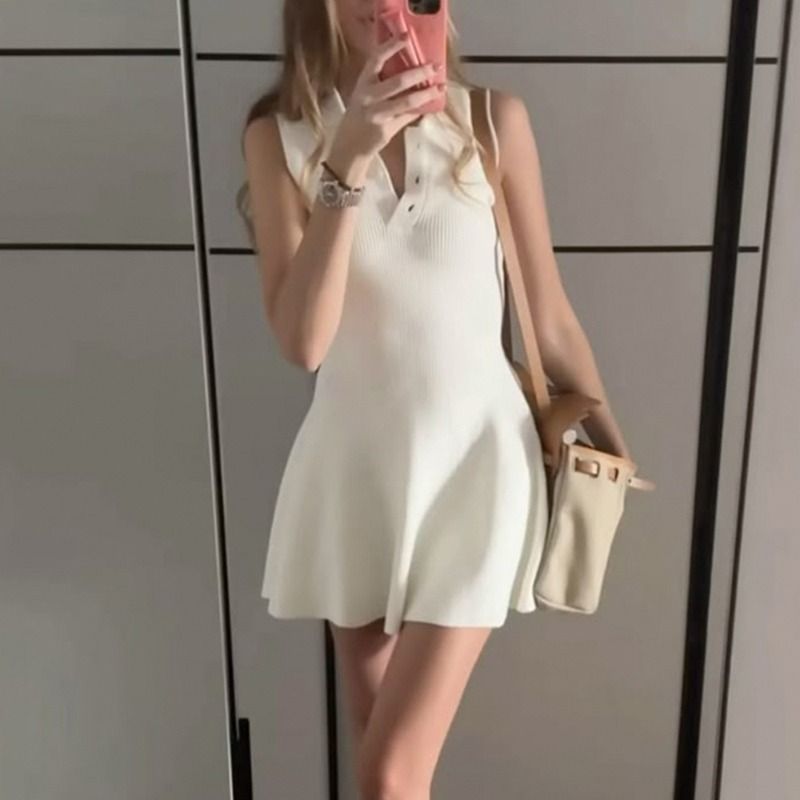 Talenza White Knitted Mini Dress Fashion Lapel Single Breasted Slim Sleeveless A-line Dress Summer Casual Office Women's Dress_ecoleips.com