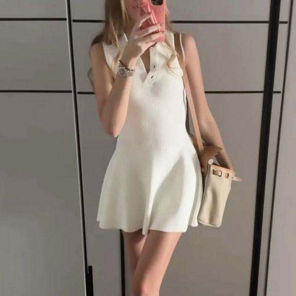 Talenza White Knitted Mini Dress Fashion Lapel Single Breasted Slim Sleeveless A-line Dress Summer Casual Office Women's Dress_ecoleips.com
