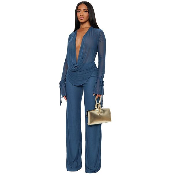 Women's Clothing Women's Sexy Mesh Tulle Top And Slim Fit Trousers Set Long Sleeved Neck Tie Up Style Clothing_ecoleips.com