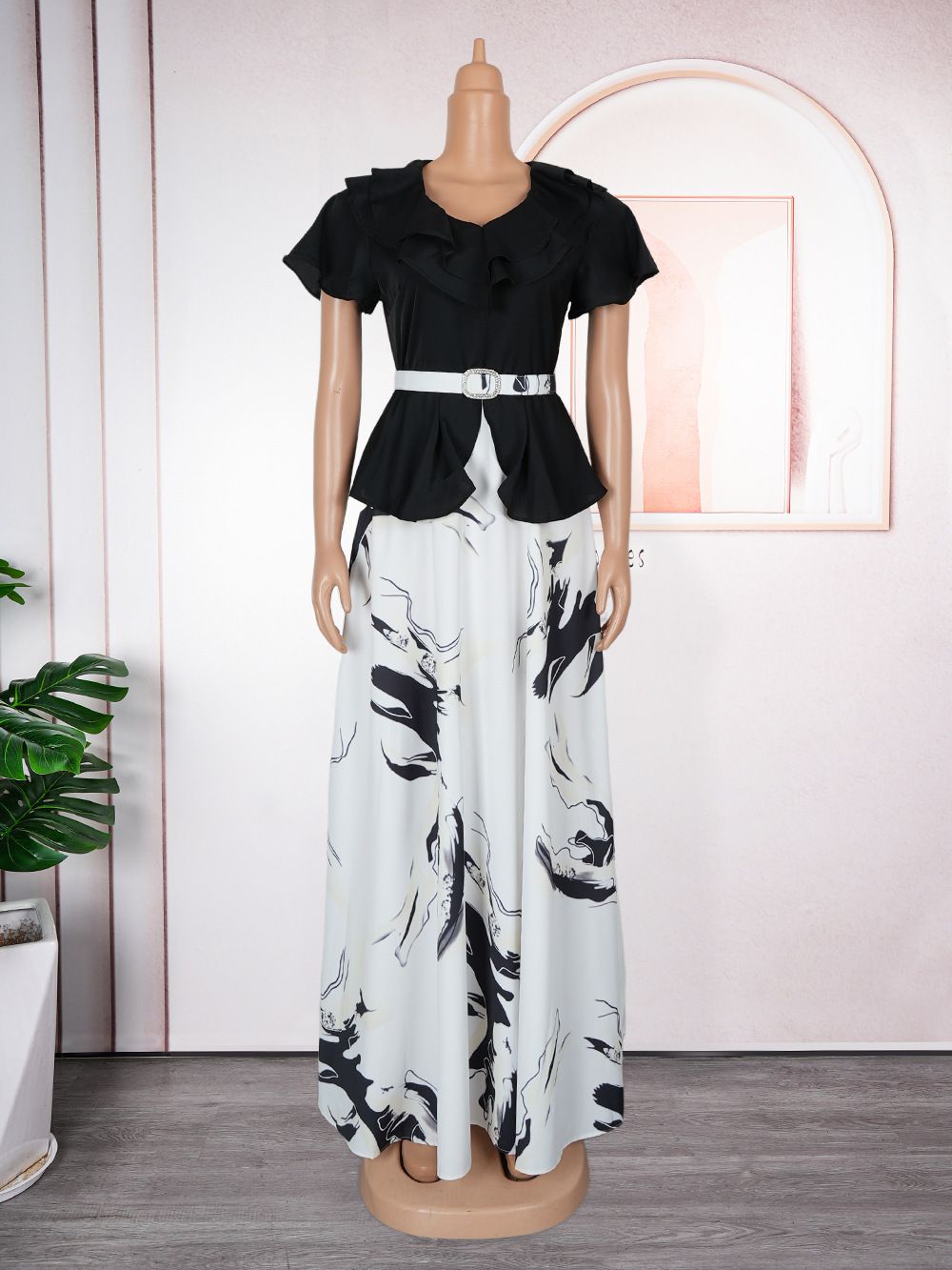 Women's Clothing Plus Size Clothes Print Maxi Dress For Women – Elegant Long Sleeve Lemon Yellow/Red/Black/Green (L-3XL)_ecoleips.com
