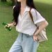 Women's Relaxed Vintage Style Cotton Linen Short Sleeved Shirt Summer French Chic Loose Fitting Slightly Pleated Simple Red Top_ecoleips.com