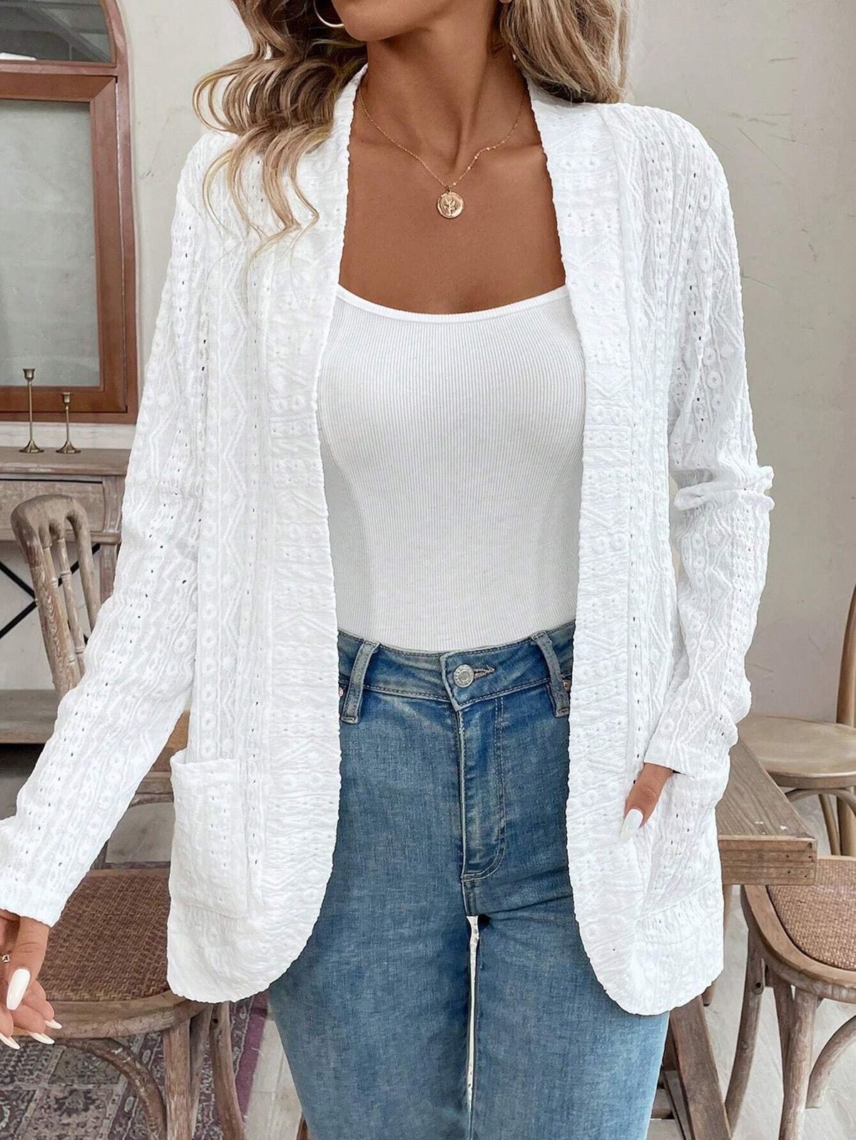 Women's Elegant Pure Color Lace Long Sleeve Jacket Autumn/Winter Double Pocket Open Placket Top Style_ecoleips.com