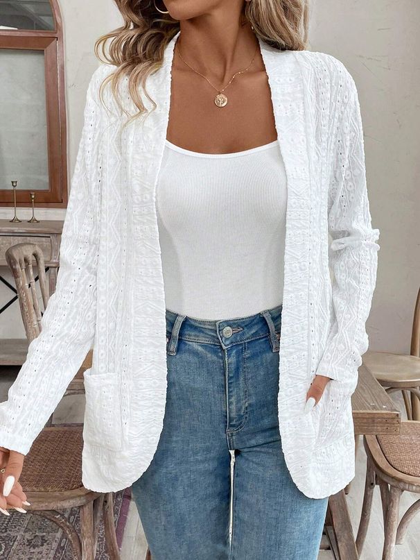 Women's Elegant Pure Color Lace Long Sleeve Jacket Autumn/Winter Double Pocket Open Placket Top Style_ecoleips.com