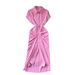 Elegant Sophisticated Mid Length Shirt Dress For Women With Subtle Pleats Single Breasted Buttons Slimming Waist_ecoleips.com