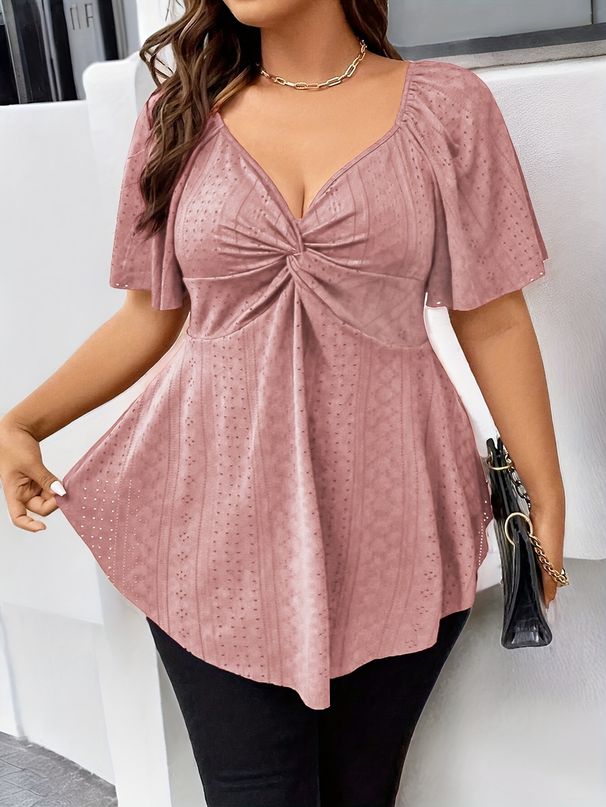 Plus Size Elegant Summer T Shirt For Women Casual Office Lady Solid Curve Clothing Loose V Neck Tops_ecoleips.com