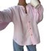 Women's French Striped Puff Sleeve Blouse – Relaxed Fit Stand Collar Shirt, Breathable & Stylish For Spring/Summer_ecoleips.com