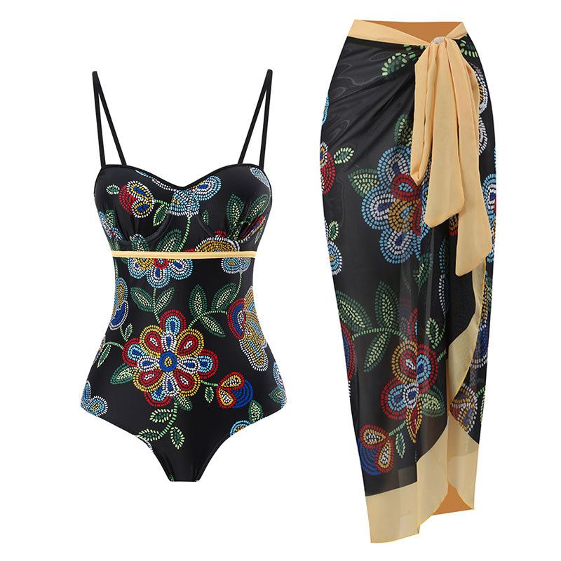 Women’s Sexy One-Piece Swimsuit With Cover-Up Skirt – Slimming High-Cut Bathing Suit (M-XL, Floral & Solid Colors, Quick-Dry Nylon Blend)_ecoleips.com