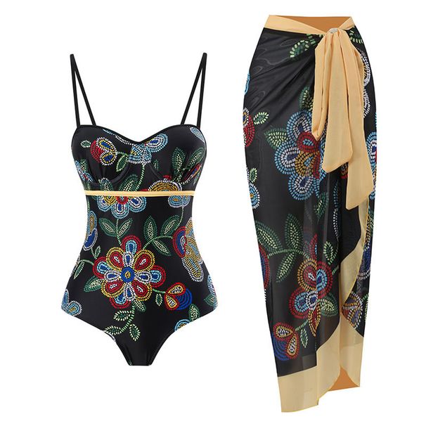 Women’s Sexy One-Piece Swimsuit With Cover-Up Skirt – Slimming High-Cut Bathing Suit (M-XL, Floral & Solid Colors, Quick-Dry Nylon Blend)_ecoleips.com