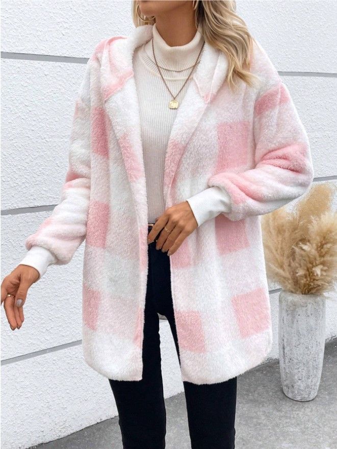 Women's Longline Plush Hooded Cardigan With Pockets - Cozy Fall Winter Fleece Open Front Coat In Checkered Pattern, Loose Fit Streetwear_ecoleips.com