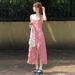 Pink Floral Print Camisole For Women, Summer 2025 New Style, Fairy-like, Slimming, Waist-cinching Long Dress_ecoleips.com