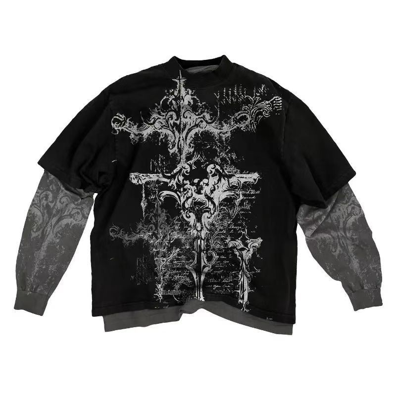 Skull Graffiti Print T-Shirt Women's Casual Long Sleeve Fake Two Piece Street Fashion Top New_ecoleips.com