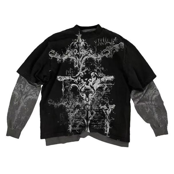 Skull Graffiti Print T-Shirt Women's Casual Long Sleeve Fake Two Piece Street Fashion Top New_ecoleips.com