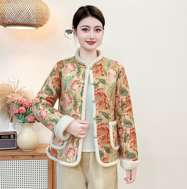 girl Wholesale Age-Reducing Jacket New Chinese Style Cotton Coat Stand Collar Fleece Lined Thickened Frayed Edge Homewear_ecoleips.com
