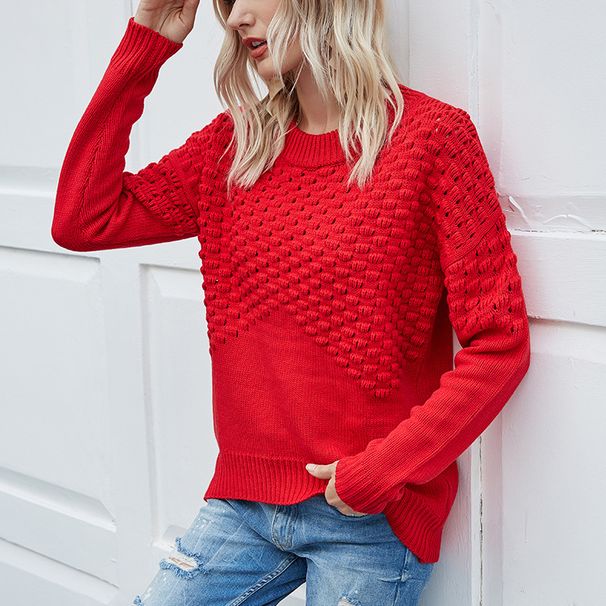 Women's Clothing autumn and winter hot selling round neck pullover sweater ladies knitted sweater solid color long sleeve hollow sweater_ecoleips.com