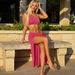 New Summer Women Sexy Backless Asymmetrical Shoulder Top Bodycon Split Midi Skirt Two Piece Matching Dress Set Outfit_ecoleips.com