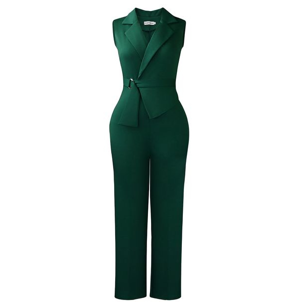 Summer Fashion Women's Solid Color Sleeveless Jumpsuit With Tie Collar Wide Leg Pants Style_ecoleips.com