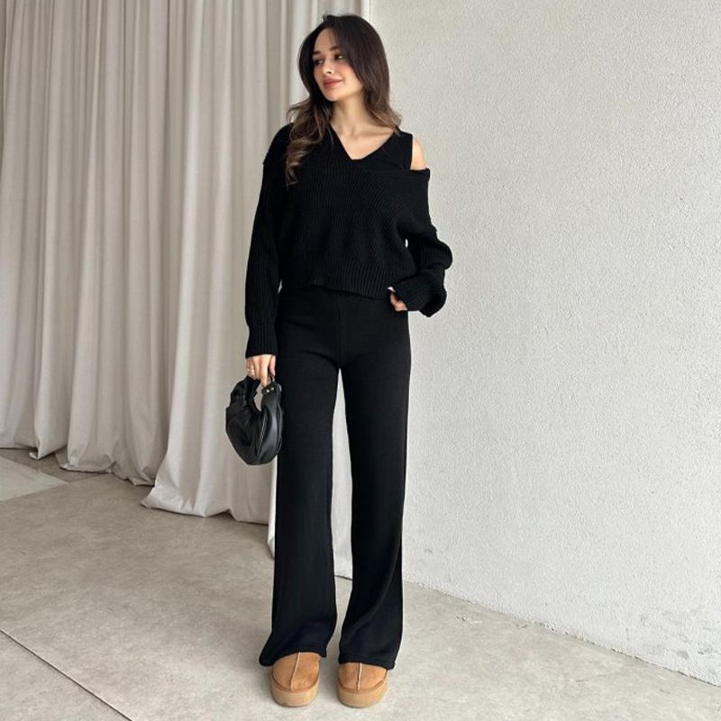Women's Clothing Solid Color Sleeveless Minimalist Sleeveless U-Neck Top & Straight Leg Pants Set – Chic Office Wear In Black & Slate Grey | XS-XXXL_ecoleips.com