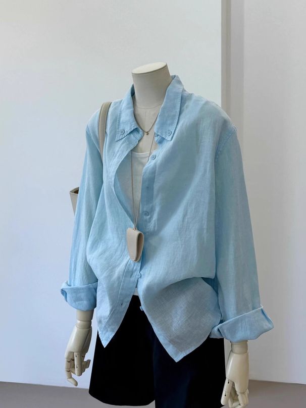 Light Blue Women's Linen Sun Protection Shirt Thin Luxurious Summer Style Relaxed Breathable Long Sleeved Cotton Top_ecoleips.com