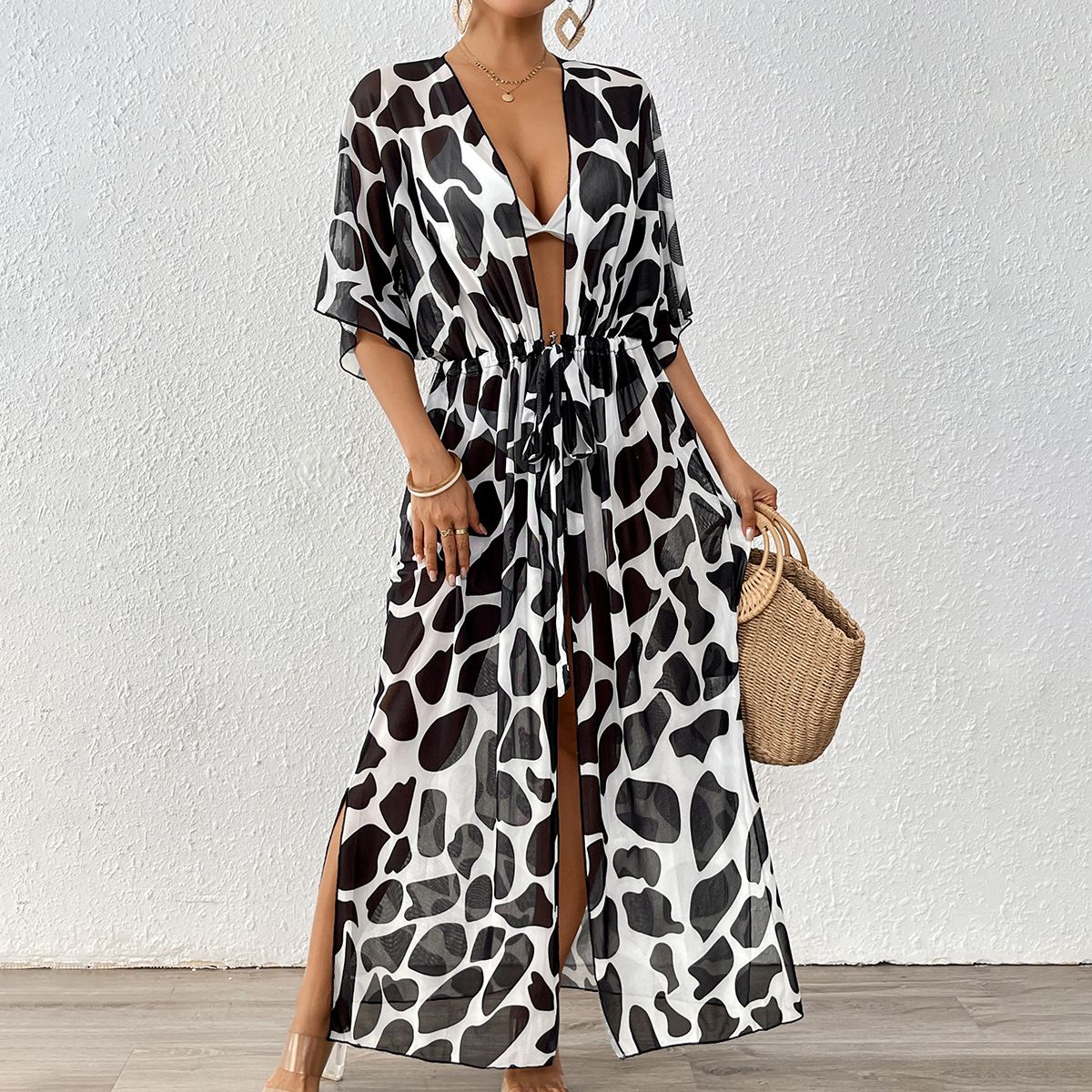 Sexy Leopard Print Beach Cover-Up – Batwing Sleeve Mesh Kimono With Tie-Waist, Lightweight Sheer Polyester, Upf 30+ Sun Protection (Black, S/M/L/Xl)_ecoleips.com