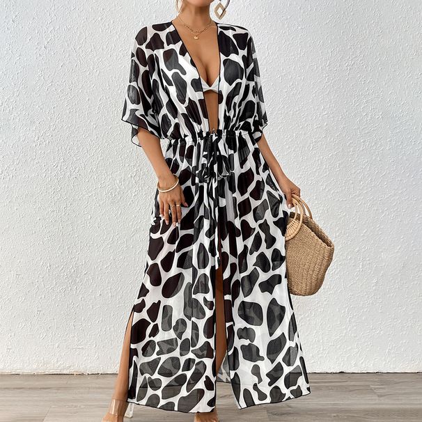 Sexy Leopard Print Beach Cover-Up – Batwing Sleeve Mesh Kimono With Tie-Waist, Lightweight Sheer Polyester, Upf 30+ Sun Protection (Black, S/M/L/Xl)_ecoleips.com