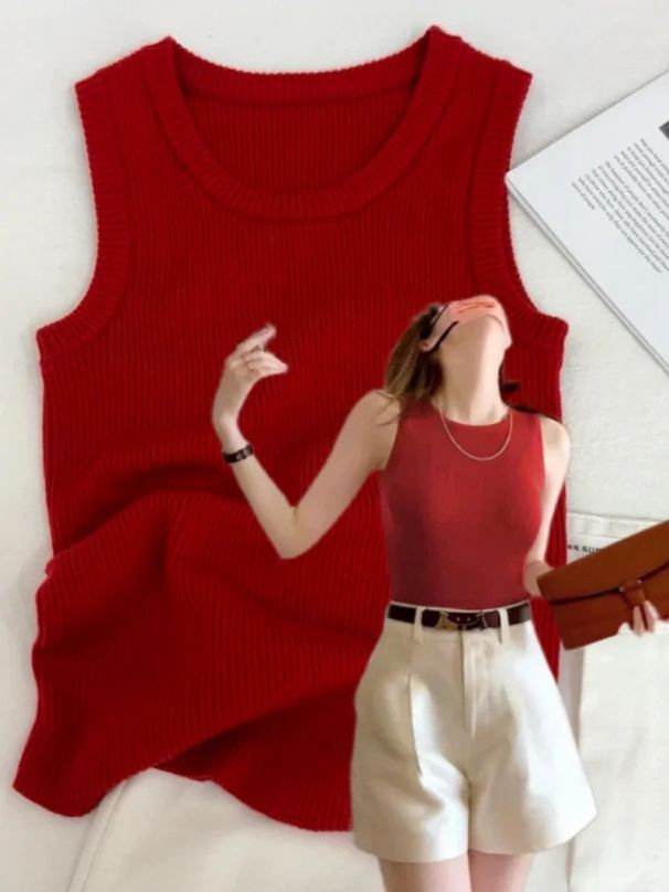 Red Knitted Camisole For Women, Spring/summer Slim-fit, Chic And Sexy Style, Anti-exposure Inner Layer Top_ecoleips.com