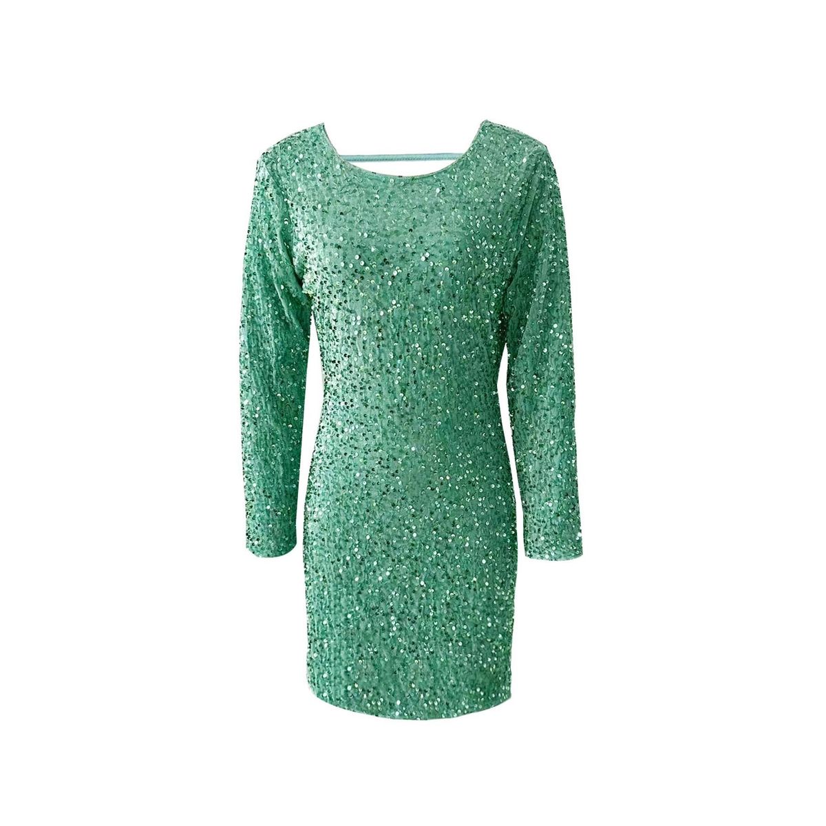 K Women's Round Neck Fashionable Long Sleeved Sequined Back V-neck Slim Fit Dress_ecoleips.com