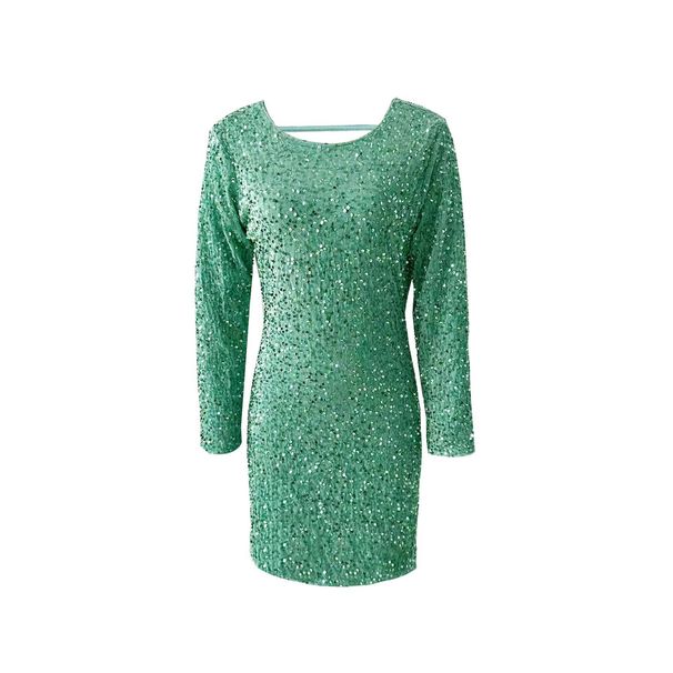 K Women's Round Neck Fashionable Long Sleeved Sequined Back V-neck Slim Fit Dress_ecoleips.com