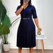 Elegant V-Neck Pleated A-Line Midi Dress For Women - Stylish High Waist Flowy Dress With Belt, Polyester Blend, Office & Casual Wear (S-XXXL)_ecoleips.com