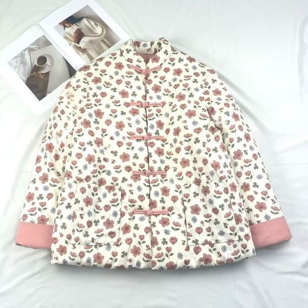 Handmade Floral Print Cotton Coat – Oversized Stand Collar Jacket With Knotted Buttons (M-XXL, 100% Xinjiang Cotton, Long Sleeve)_ecoleips.com