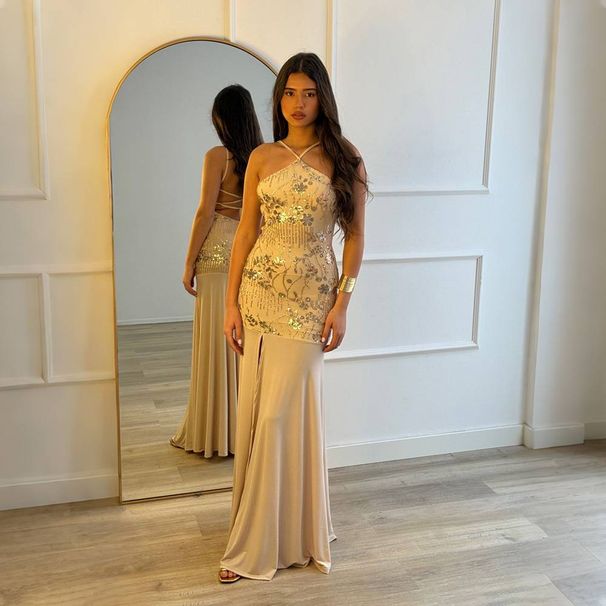 Elegant Crystal Embellished A-Line Dress Runway Inspired Flowy Midi Dress for Women M-XXXL_ecoleips.com