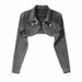 "Women's Cropped Denim Jacket - High Waist Shawl Collar Retro Style (Light Blue/Black Gray)"_ecoleips.com