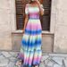 WG223 Cross-Border Spring/Summer New Printed Tie-Dye Rainbow Color Off-Shoulder Sweet And Fresh Dress_ecoleips.com