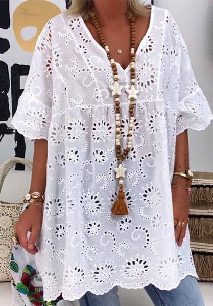 Women's Clothing Fashion New V Neck Hollow Embroidered Blouse Short Sleeved Dress_ecoleips.com