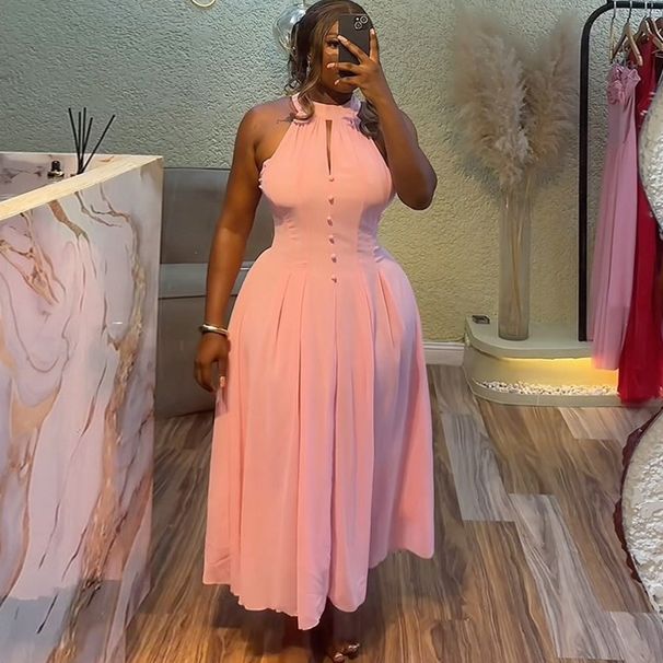 Women's Clothing Summer New Style Temperament Halter Neck Sleeveless Waist Slim Pink Medium Length Dress_ecoleips.com