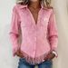 Voya Women's Western Denim Style Suede Fringe Slim Fit Temperament Fashionable Long Sleeved Shirt Top_ecoleips.com