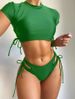 Women's Two Piece Bikini Comfort And Style Short Sleeve Mesh Solid Color Sexy Tie Waist Swimsuit_ecoleips.com