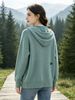 Teal Green Zip Up Drawstring Hood Pit Rib Knit Cardigan, Loose Lightweight Breathable Soft Skin-touch Long Sleeve Pocket Sweater_ecoleips.com