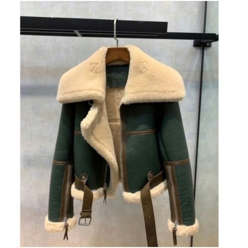 Women's Winter Shearling Jacket With Contrast Collar, Short Faux Leather Coat With Fur Trim, Green Biker Style Outerwear_ecoleips.com