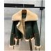 Women's Winter Shearling Jacket With Contrast Collar, Short Faux Leather Coat With Fur Trim, Green Biker Style Outerwear_ecoleips.com