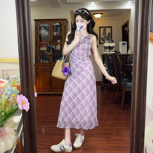 2026 Spring/Summer New High-End Pink And Purple Plaid V-Neck Twist-Shoulder Strap Dress For Women With Pleated Waist_ecoleips.com