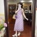 2026 Spring/Summer New High-End Pink And Purple Plaid V-Neck Twist-Shoulder Strap Dress For Women With Pleated Waist_ecoleips.com
