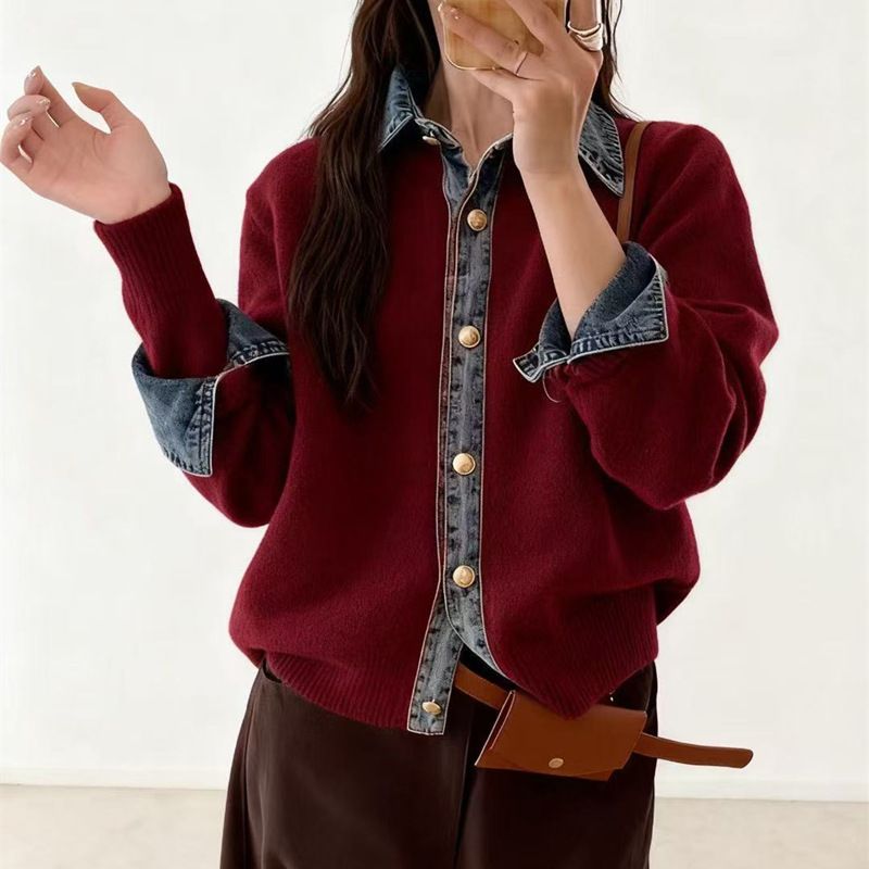 Oversized Knit Cardigan With Denim Panels – Korean-Inspired Unisex Layering Piece (One Size, Polo Collar, 7 Colors)_ecoleips.com