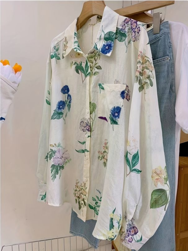 Spring Lightweight Printed Shirt For Women Elegant Chic Slimming Lapel Long Sleeve American Style Fashion Top_ecoleips.com
