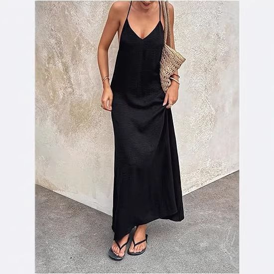 Women's Sexy Deep V Neck Sleeveless Halter Maxi Dress – French Style Elegant Casual Resort Gown 2026_ecoleips.com