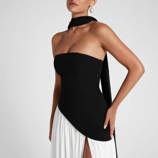 Summer Elegant Sexy off Shoulder Slit Dress for Women Black And White Color Blocking Scarf European American Style_ecoleips.com