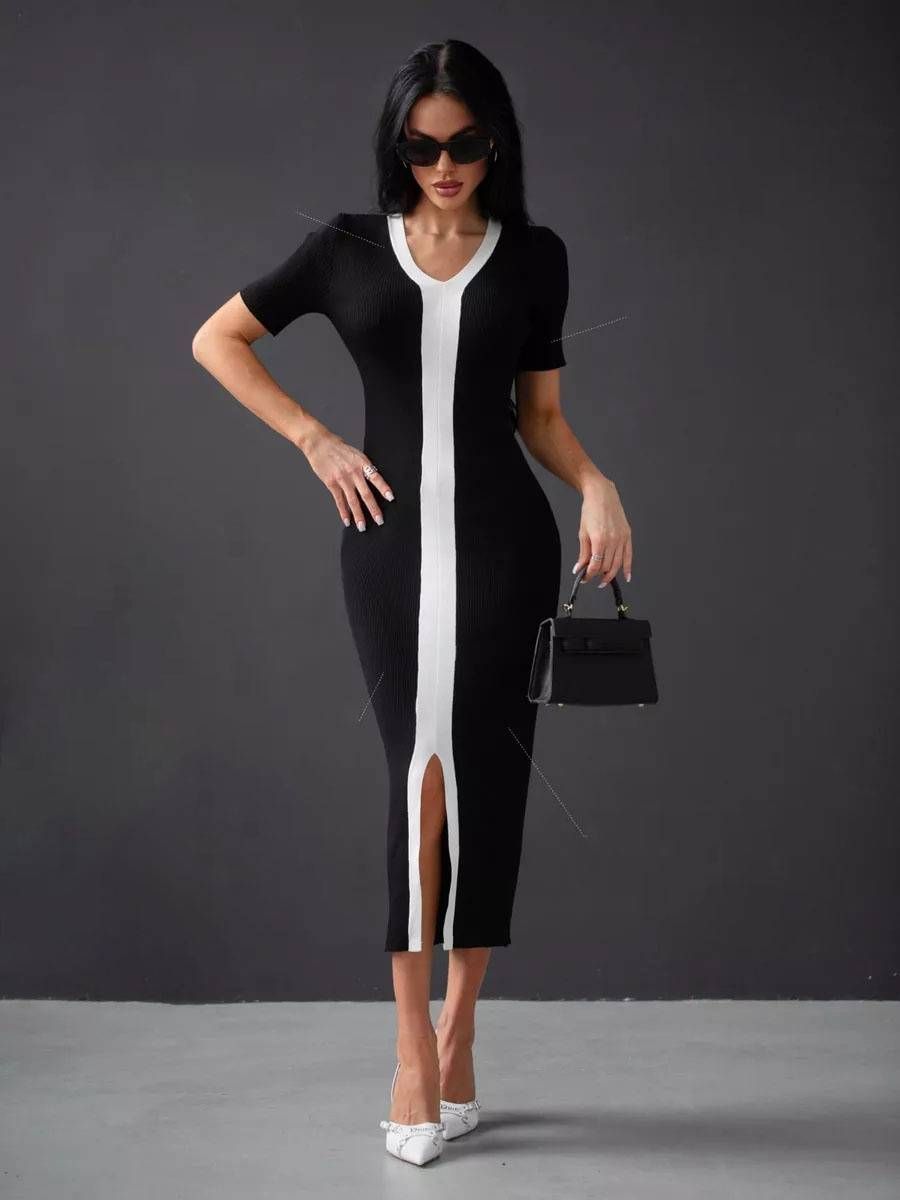 Women's Clothing dress V neck splicing contrast color slim fit fashion temperament elegant dress _ecoleips.com
